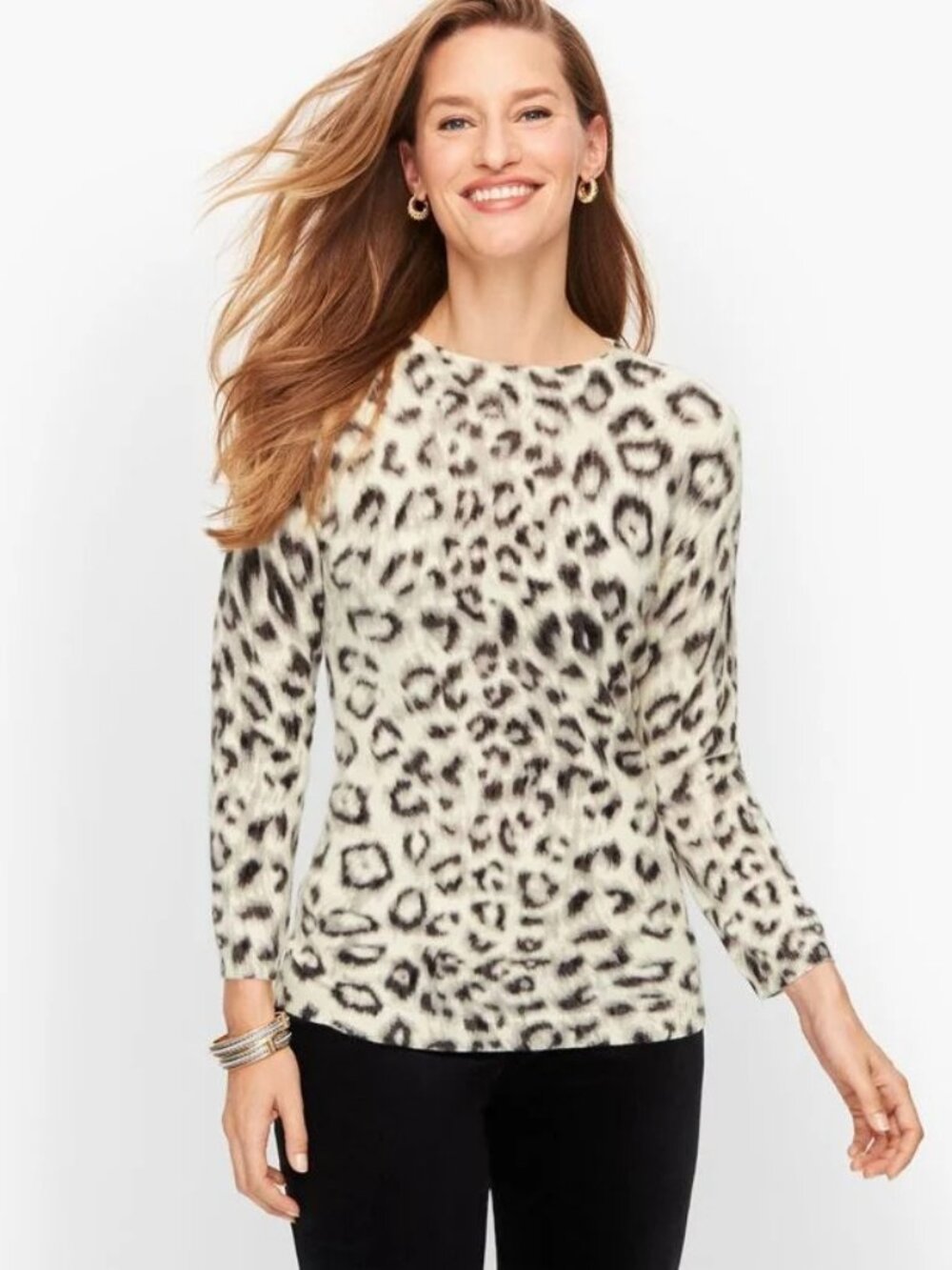 Talbots Audrey Cashmere Sweater Leopard Elegant Quiet Luxury Cream Black - XL